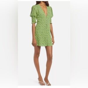 New Reformation Alison mini Dress Button Down Green Floral Puff Sleeve 10 L